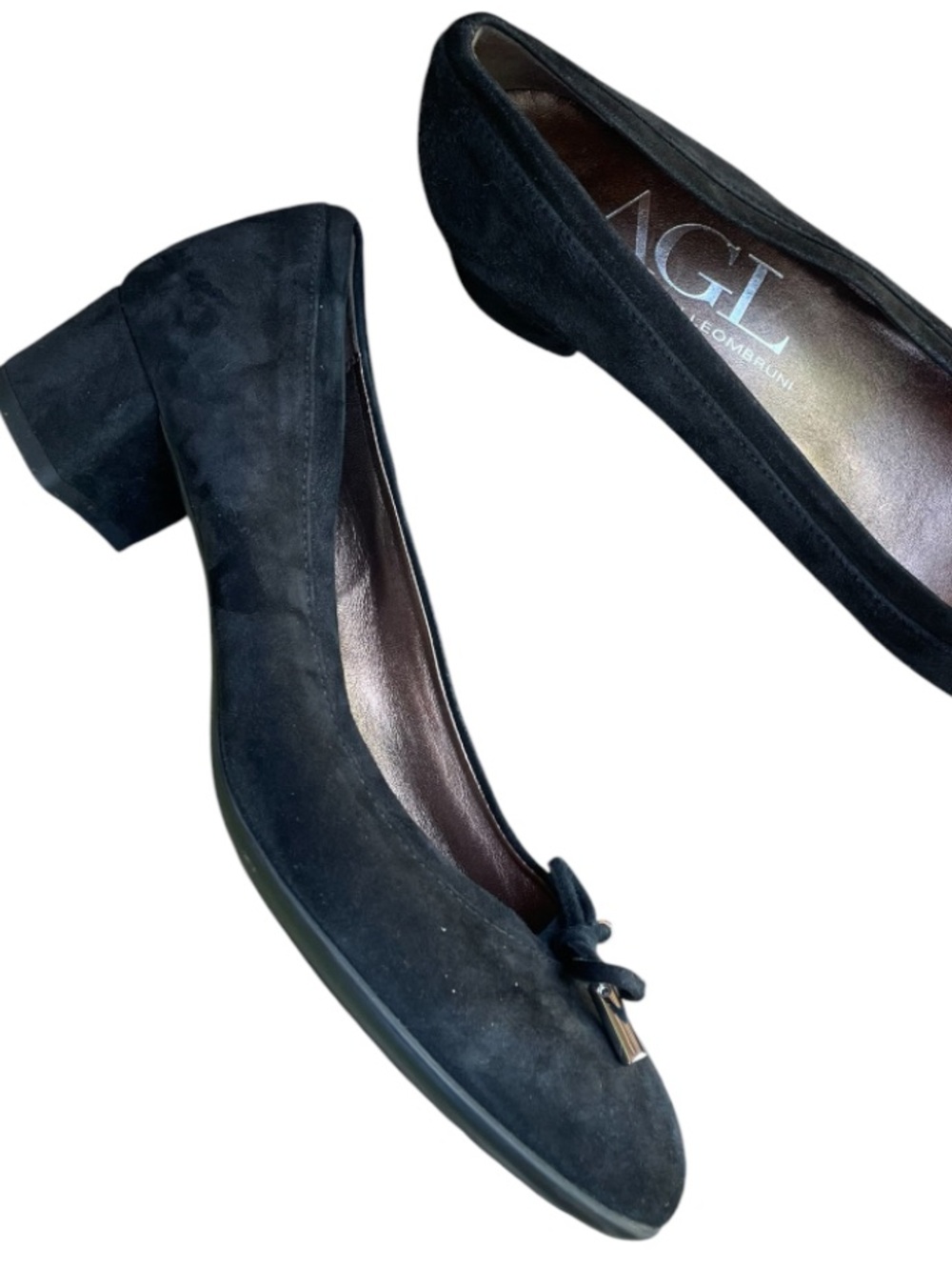 AGL Kristin Black Suede Ballet Flats with Bow and Gold Tips